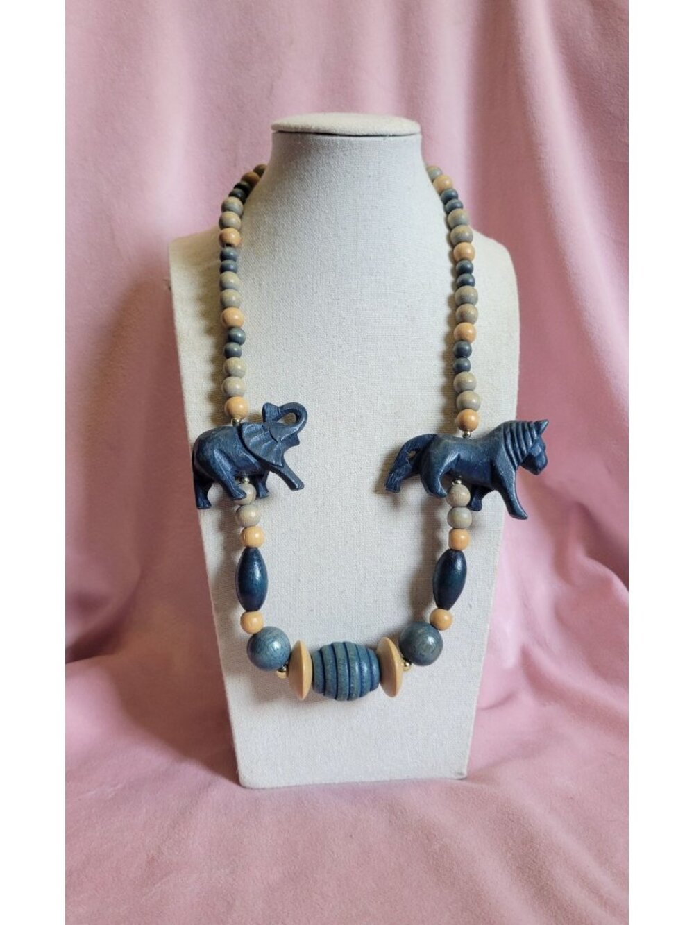 Faux Wooden Geometric Beaded Animal Blue Safari Elephant Tiger Necklace N1B